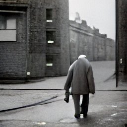 An elderly man in a worn suit walking in a Glasgow street.